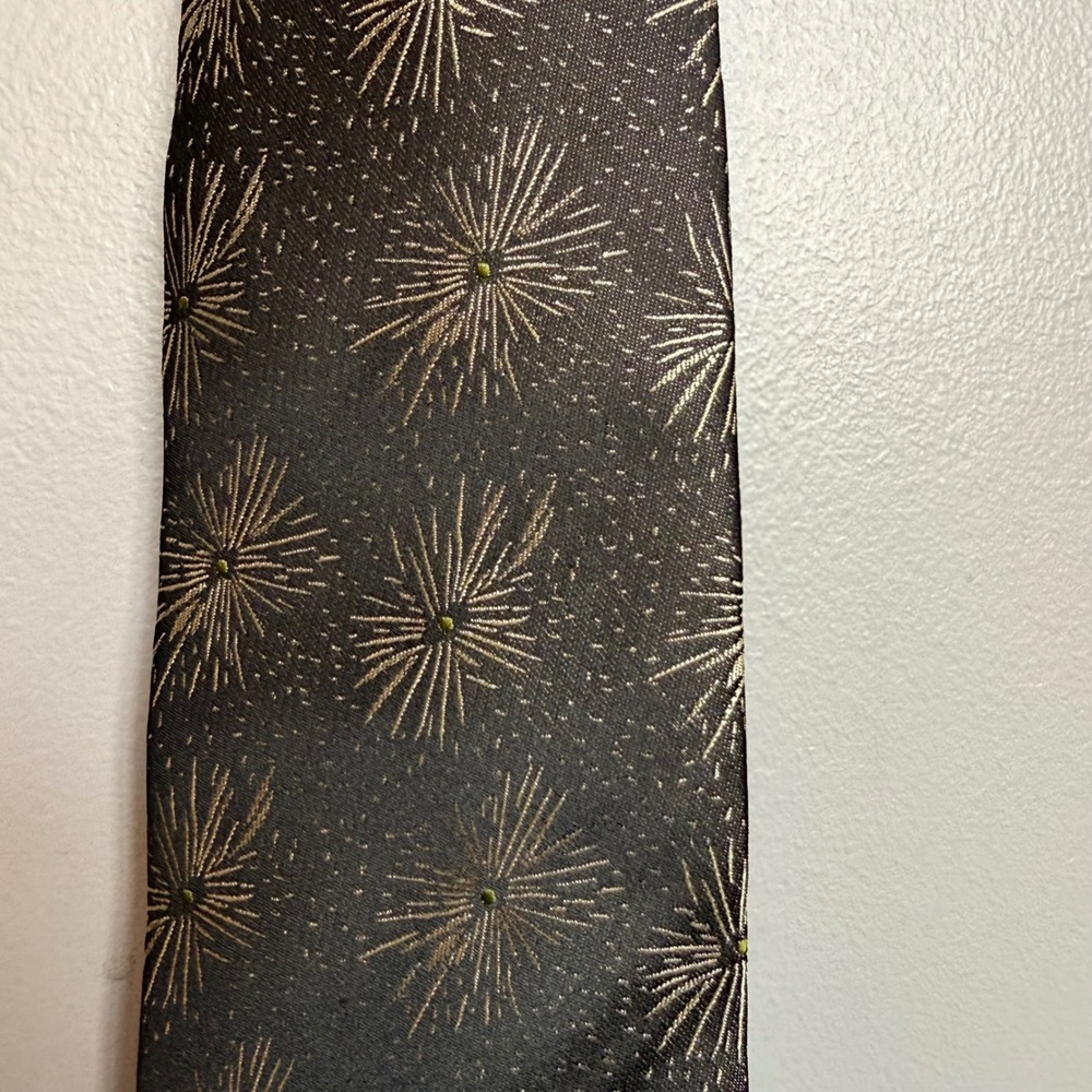 Vintage Starburst Firework Silk Tie Mens Dark Olive Green Gold Hand Made 57" - Picture 3 of 10